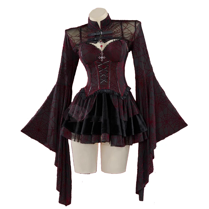 

Ghost Vampire Cosplay Costume Women Sexy Bell Sleeve Short Dress Necklace Suits Halloween Carnival Party Performese Clothes