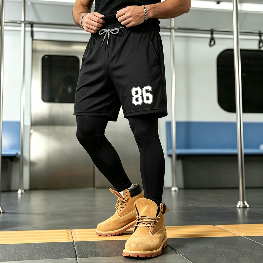 Men's Double Layer Athletic Pants Number 86 Print Outer Shorts Tights Liner Trousers Multi-Pocket Drawstring Running Leggings