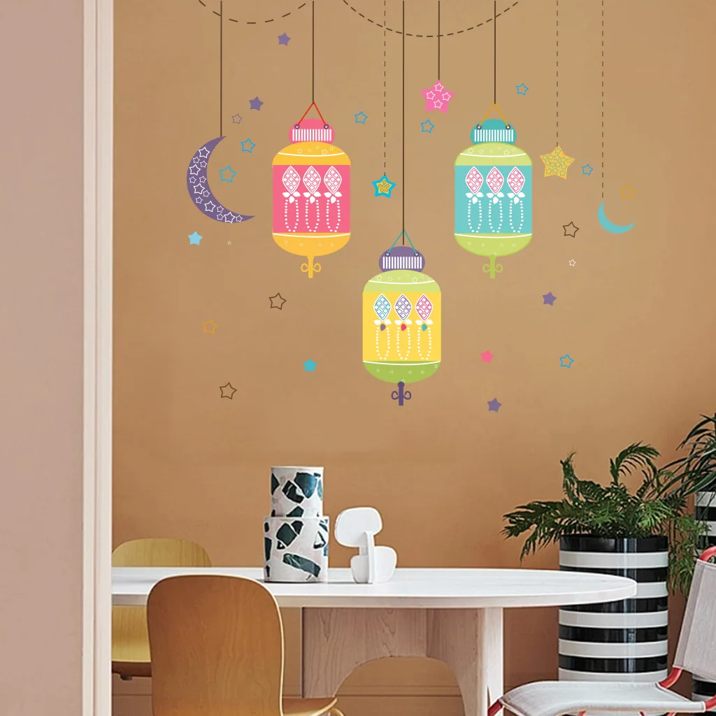 NEW Ramadan Kareem Wall Stickers Colorful Lantern Moon Star Wall Decal Ramadan Decoration 2024 Eid Mubarak Muslim Party Decor