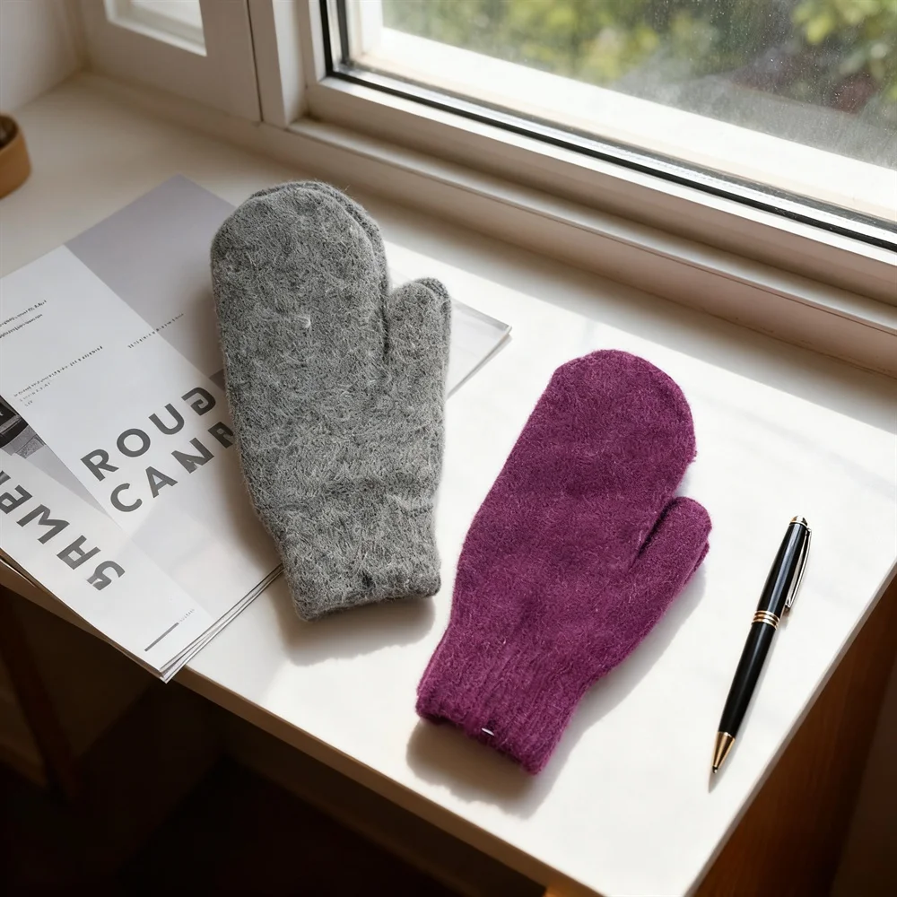 Winter Simple and Fashionable Warm Rabbit Hair Gloves Korean Solid Color Versatile Full Finger Fleece Thickened Knitted Gloves