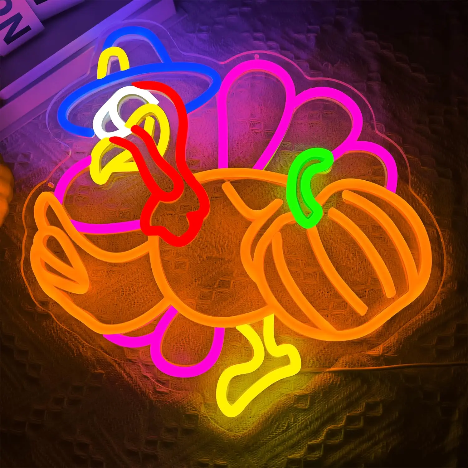 Pumpkin Turkey LED Neon Sign for Wall Decor Thanksgiving Glowing USB Powered Dimmable for Fall Harvest Home Decor Party Gift