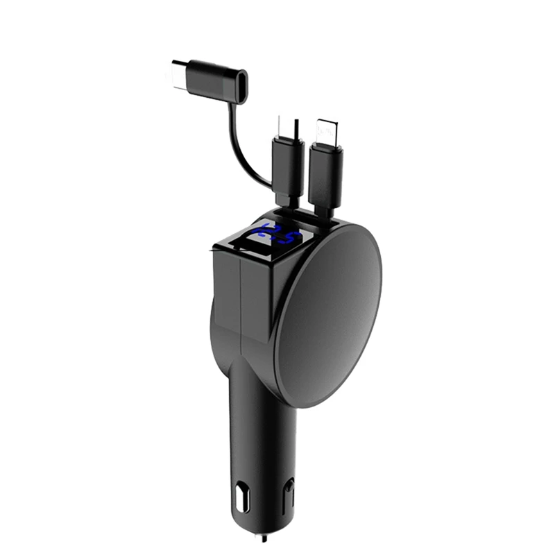 

Автомобильное зарядное устройство 3 в 1, 60 Вт, телескопический шнур, двойной порт, два выдвижных кабеля, светодиодный вольтметр для мобильного телефона A, черный-ELEC