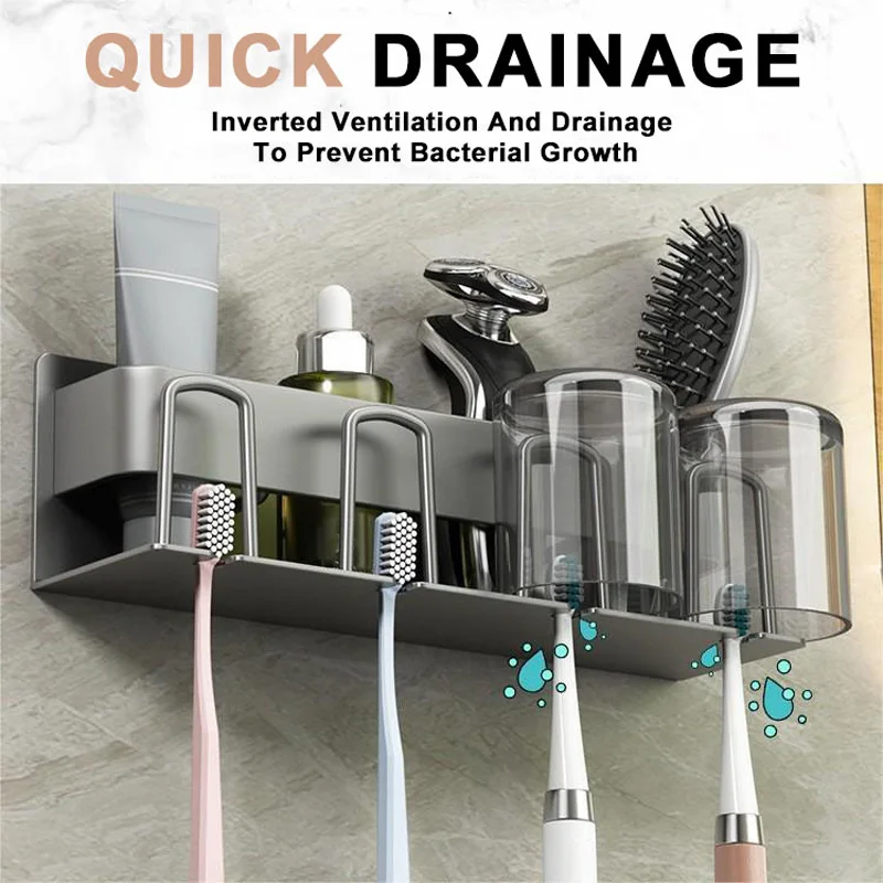 Aluminum Alloy Toothbrush Holder 2/3/4 Grids Toothpaste Rack Wall Mounted Shelf Bathroom Accessories Home Organizer Punch Free