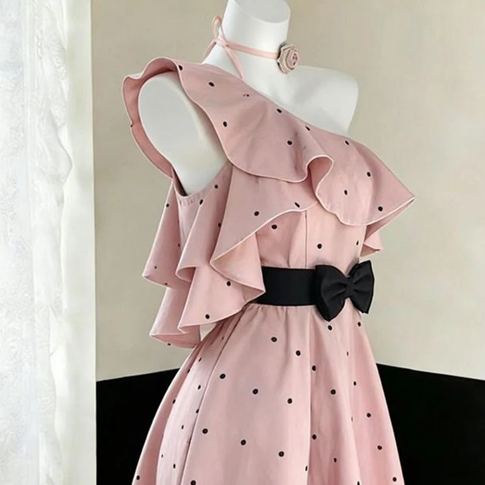 Harajuku French Sweet Sleeveless Pink Polka Dot Dress Elegant Slant Neck Y2K Korean Retro Bow Fashion 2026 Spring/summer Dress