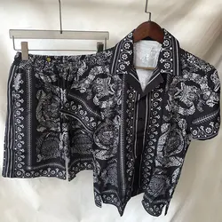 High Quality Short-sleeved Shirt Set Suit Summer Retro Ethnic Print Lapel Streetwear Shirt Short Top For Men Casual Set Homme