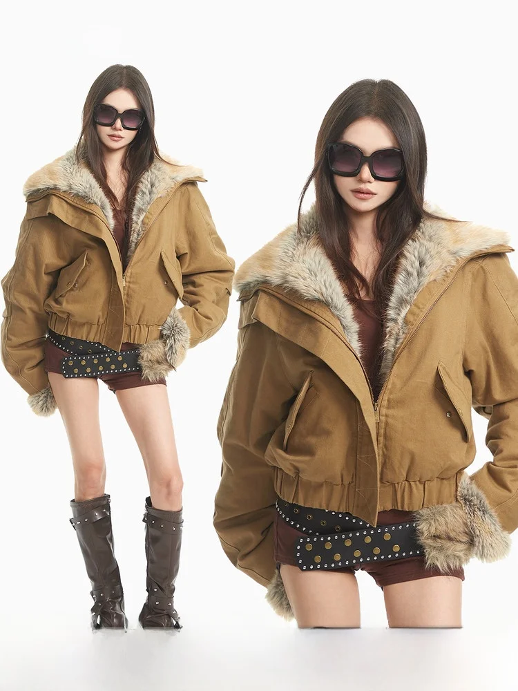 

CCUP SPACE American Retro Thiened Fce Collar Cotton Jaet Women's Autumn Winter Cotton Padded Warmth Coat Zipper Closure