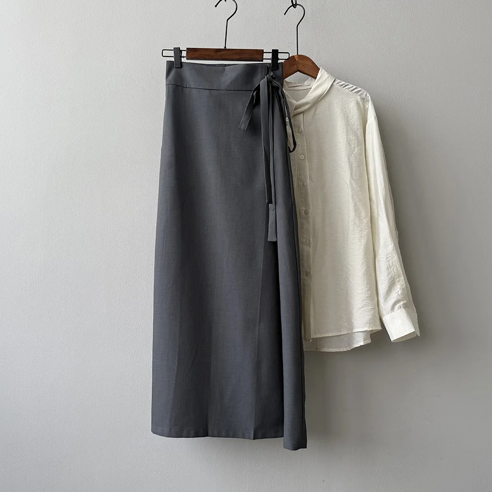 Demi-jupe de costume à nouer à la taille latérale pour femmes, sens du Design d'automne, jupe longue trapèze fendue à la taille haute