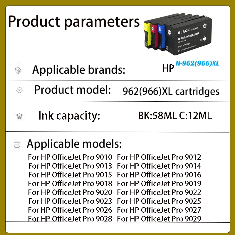 4Color 962XL 966XL 962 966 XL Compatible Color Inkjet Ink Cartridge For HP962 for HP OfficeJet Pro 9015 9020 9025 Printer