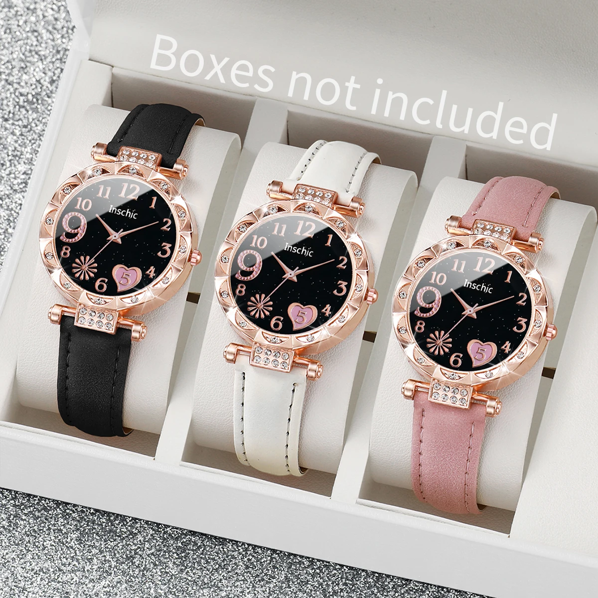 

3PCS/Set Fashion Women's Watches Rhinestone Heart Dial Quartz Watch Leather Band Wristwatches Set（Without Box）