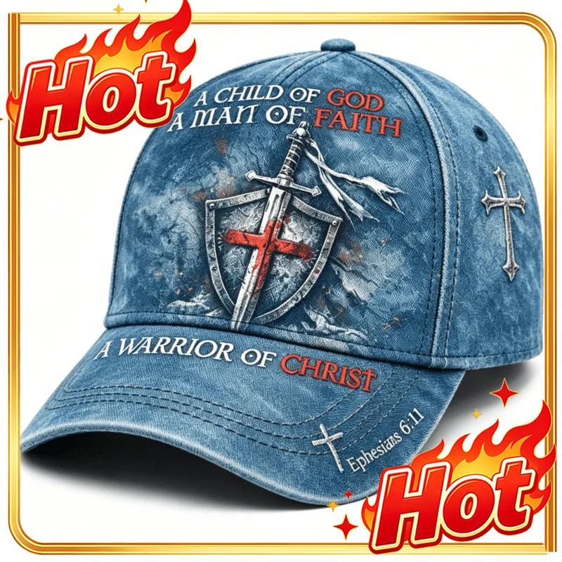 Custom Vintage Washed Denim Adjustable Baseball Cap A Child Of God A Man Of Faith Shield Sword Cross Print Christian Warrior The