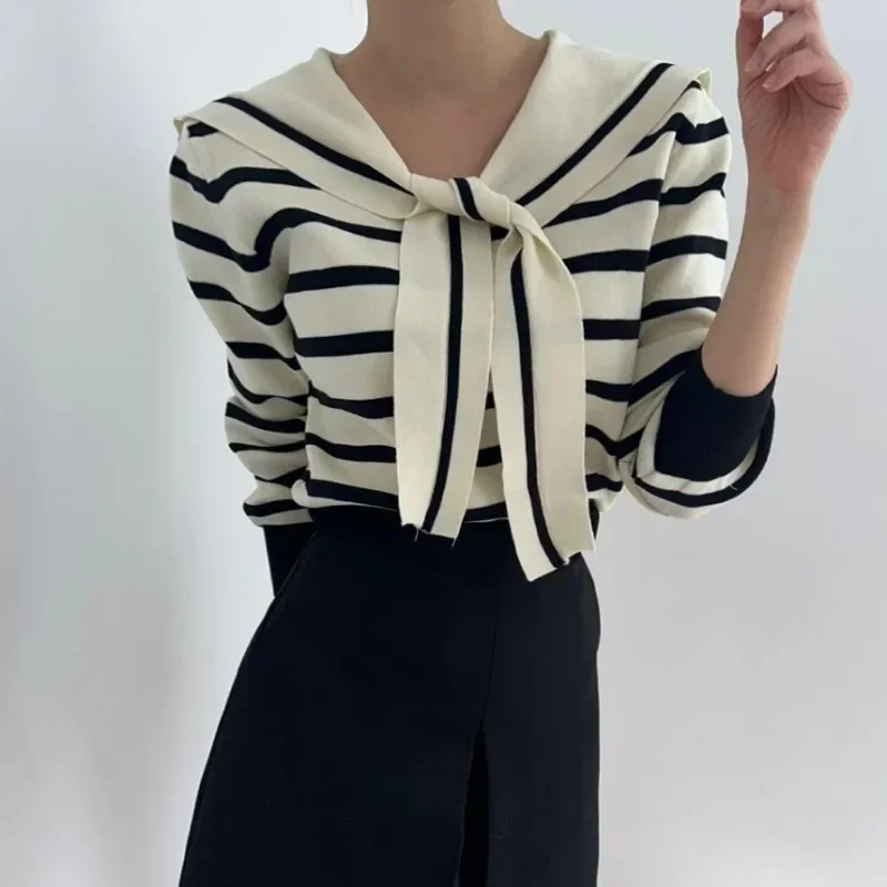 Sailor Collar Ropa Mujer 2024 Woman Sweater Hit Color Stripe Roupas Feminina Long Sleeve Tops Autumn Elastic Outerwears