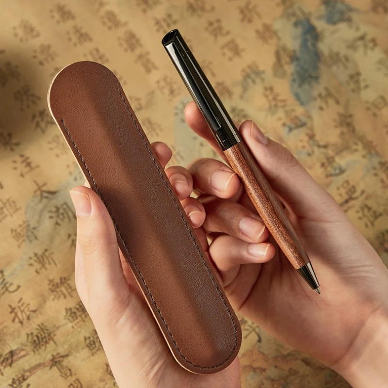 Walnut wood Luxury Ball Gen Pen cowhide high-end pencil case, precious bead pen business gift school supplies korean stationery