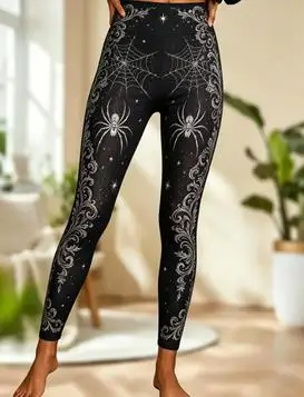 Women Mid‑Rise Fleece Lined Leggings, Mystic Moon Star Spider Web Mandala Print Slim Stretch Pants
