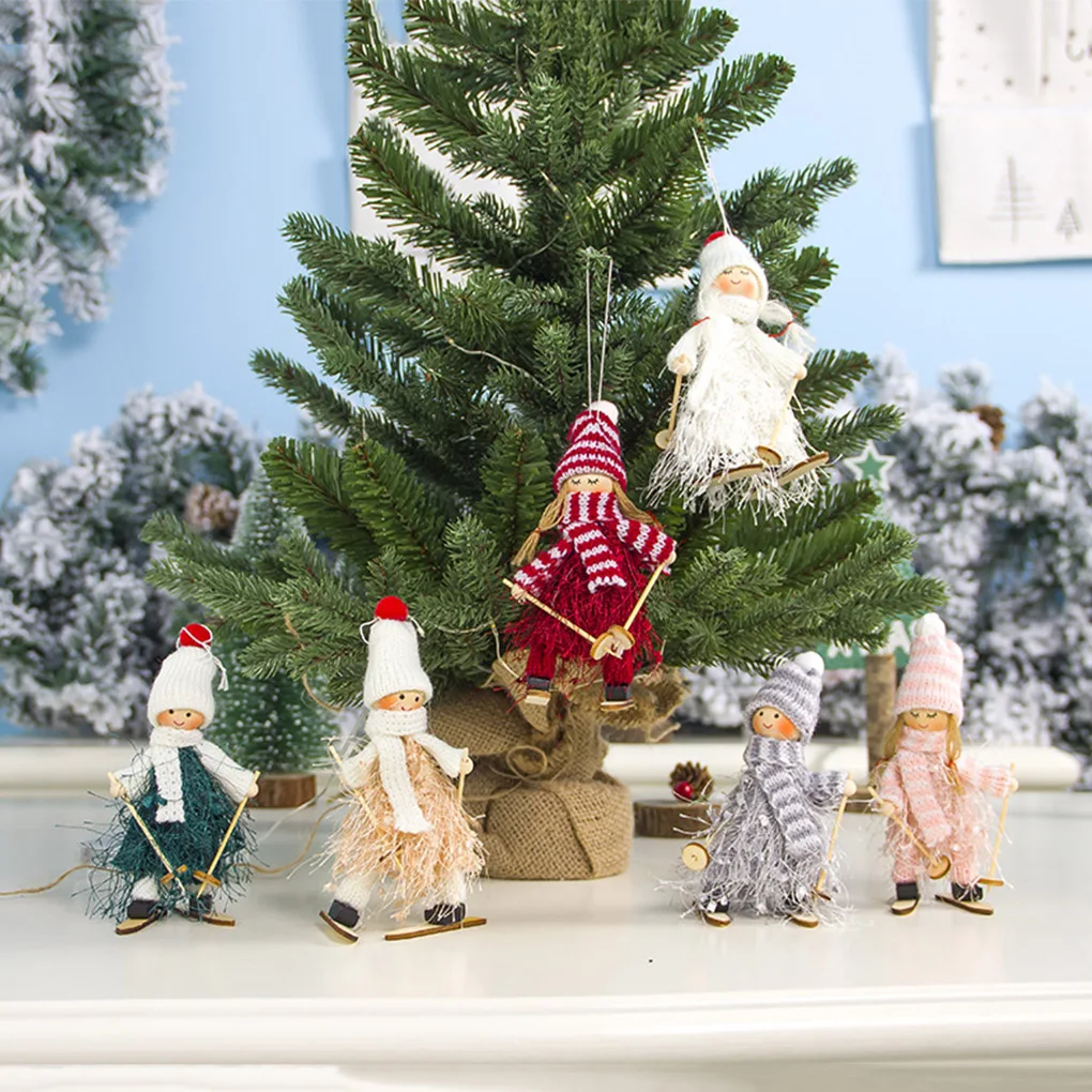 6 Pieces Christmas Dolls Xmas Skiing Girl Figures Table Shelf Christmas Tree Pendant Standing Decor Yarn Wooden Ornaments