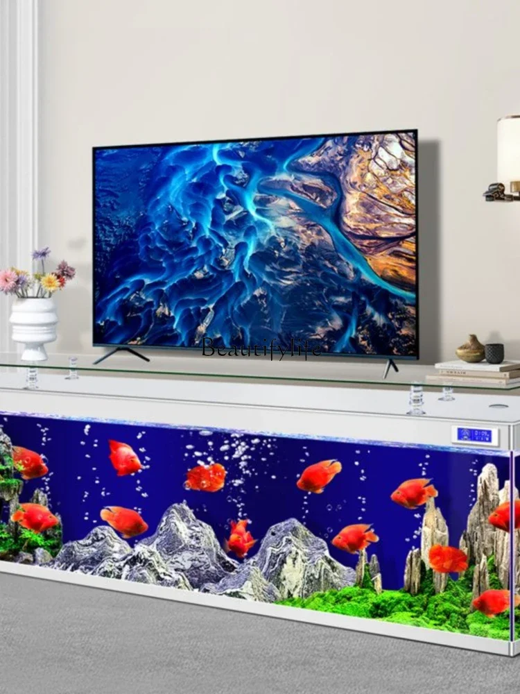 Floor-to-ceiling ultra-white glass TV cabinet fish tank integrated large, medium and small ecological aquarium