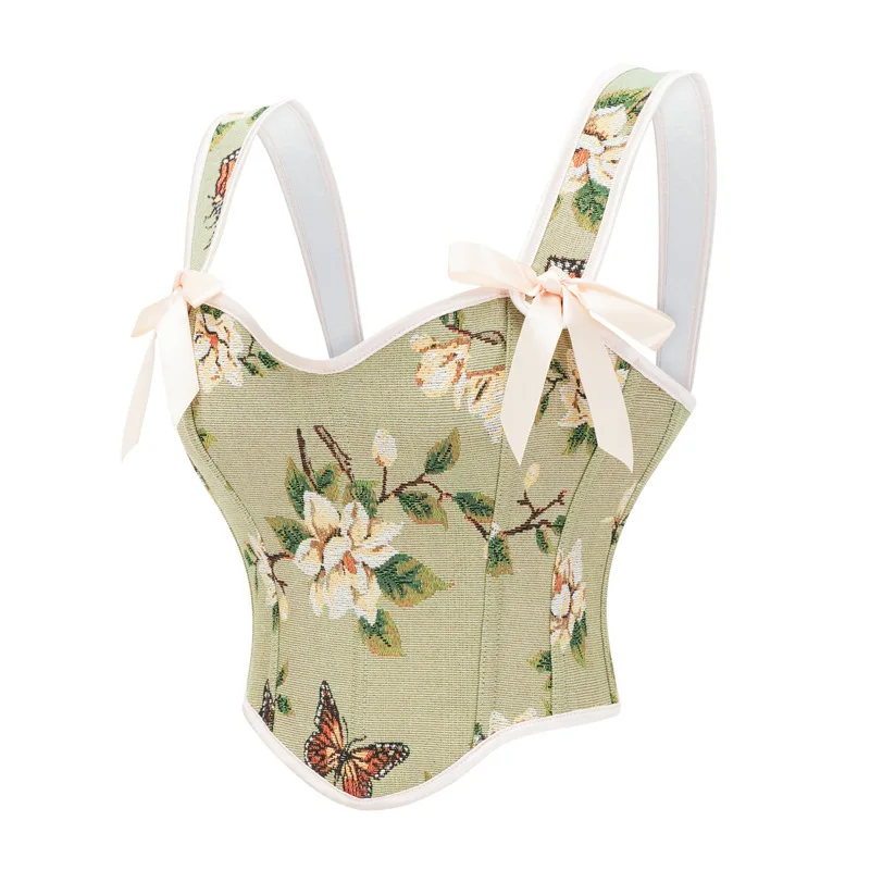 Women's Vintage Butterfly Floral corset Crop Top Strap Boned bustier Cute Party Bodyshaper