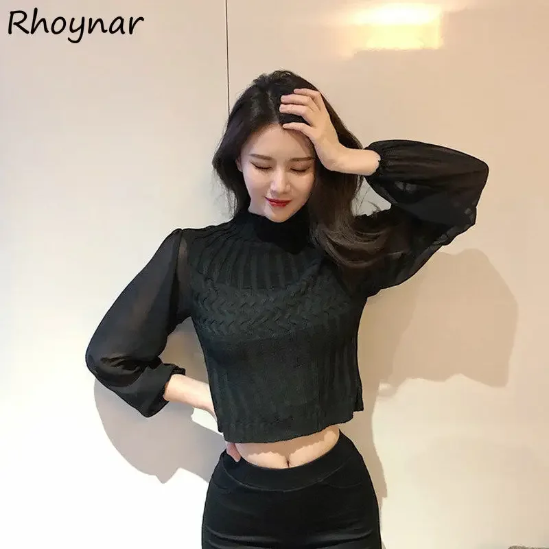 

Pullovers Women Half High Collar All Match Solid Spliced Casual Knitted Slim Autumn Cropped Sweaters Hipster 4 Colors Daily Ins