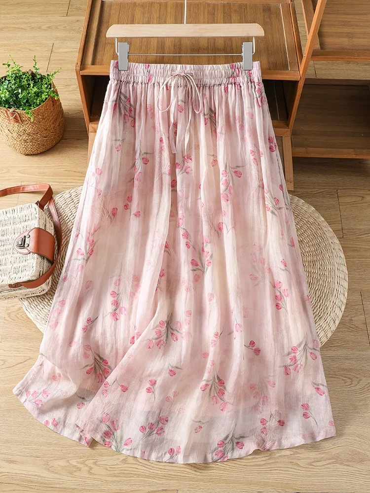 Pink Gentle Print Cotton Linen Half Skirt Women's Summer High Waist Slimming Beautiful Linen Material A-Line Long Skirt