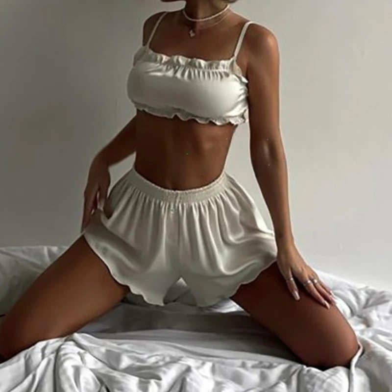 

Nice Silky Elegant Women 2 Piece Set Casual Sleeveless Ruffles Camisole+Button Shorts Matching Streetwear Casual Outfits