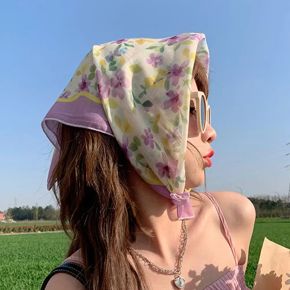 2024 New Small Suapre Silk Scarf Flower Neck Scarves Hair Band Women Cotton Linen Headband Neckerchief Hijab Shawl 58x58cm Soft