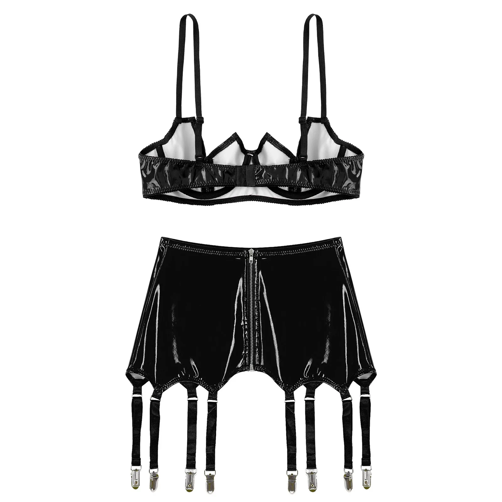 Womens Patent Leather Lingerie Set Club Wear Brassiere V-Notch Underwired Exposed Navel Bra Tops with Metal Clips Garters