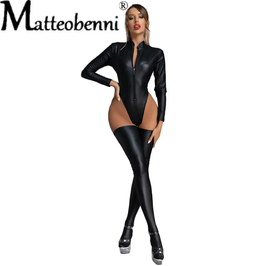 Women Long Sleeve PU Faux Leather Latex Bodysuit + Stocking Sexy High Cut Lingerie Sexy Catsuit One Piece Thong Stage Wear