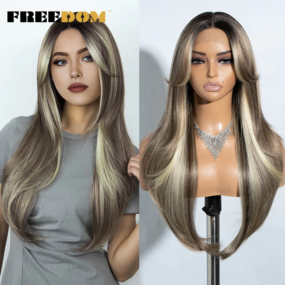 

FREEDOM Synthetic Lace Front Wigs For Women Straight Lace Wig With Bangs 26 inches Ombre Brown Highlight Blonde Wigs Cosplay Wig