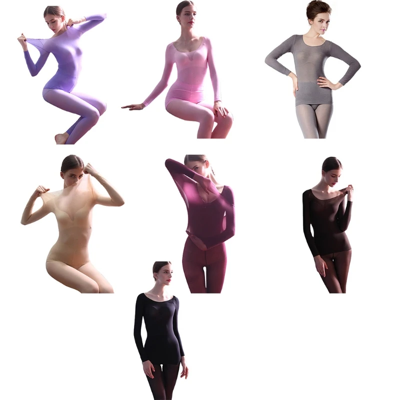 

Women Seamless Thin Constant Thermal Underwear Set Base Layer Neck Pajamas