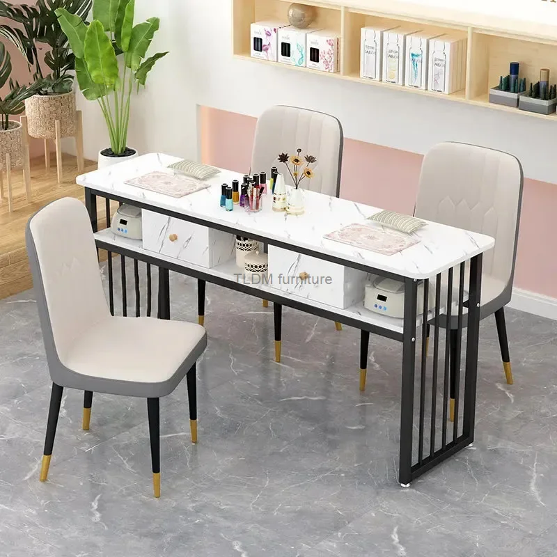 Modern Iron Nail Tables and Chairs Set Creative Home Bedroom Makeup Tables Simple Beauty Salon Professional Nail Manicure Table