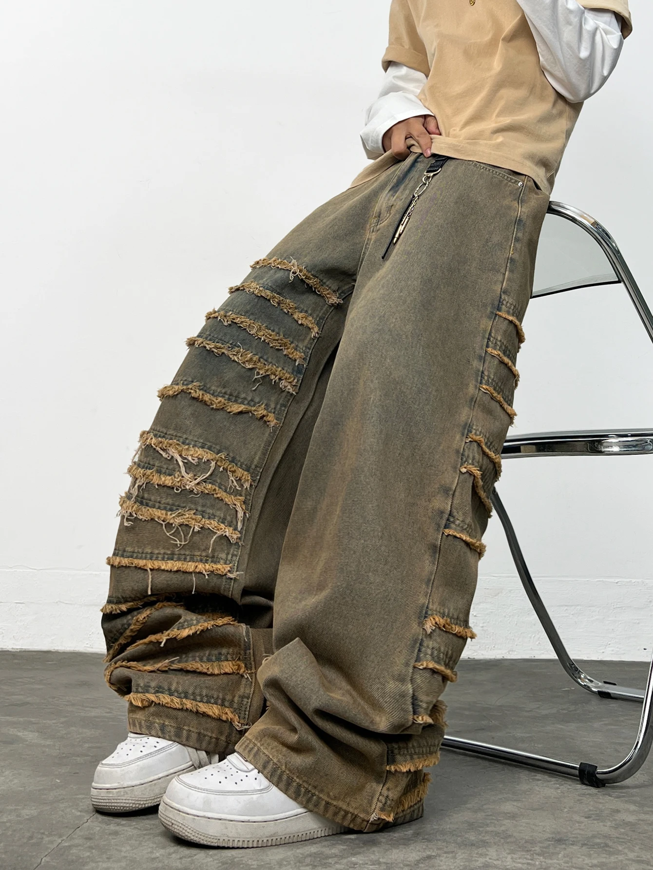 Men's Retro-Style Patchwork Baggy Wide-Leg Pants,Men Trousers Versatile And Stylish Frayed Edge Jeans,Belt/Accessories Not