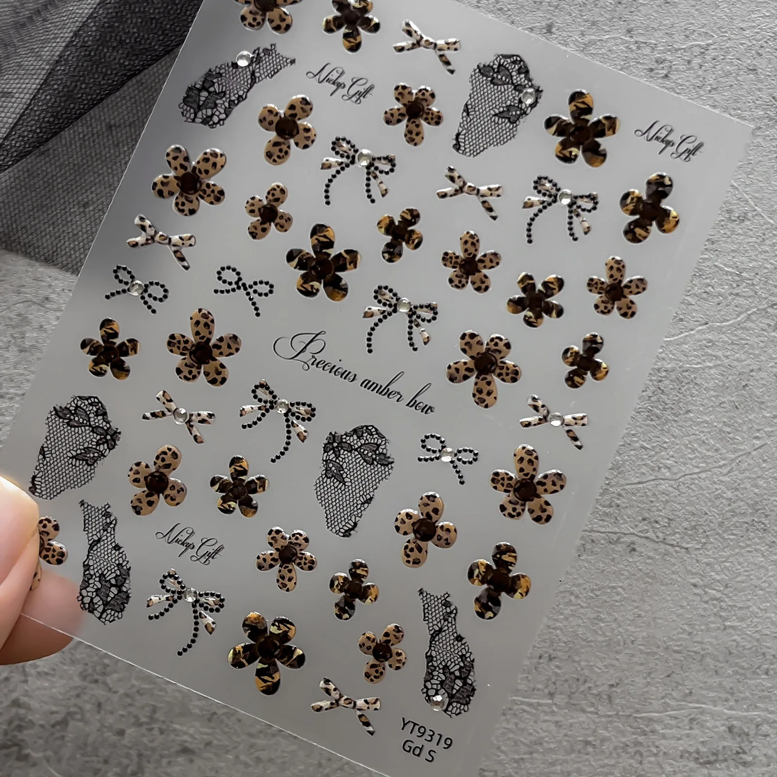 2D Black White Floral Lace Block 5D Jelly Leopard Flower Bow Nail Stickers Retro Hollow Mesh Decals Elegant Manicure Accessories