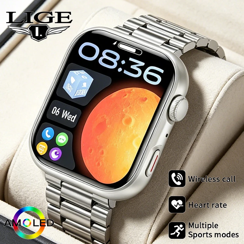 

Умные часы LIGE с AMOLED-экраном 1,83 дюйма для мужчин и женщин, Bluetooth-звонки, спорт, фитнес, мониторинг сердечного ритма, модные смарт-часы 2026 года