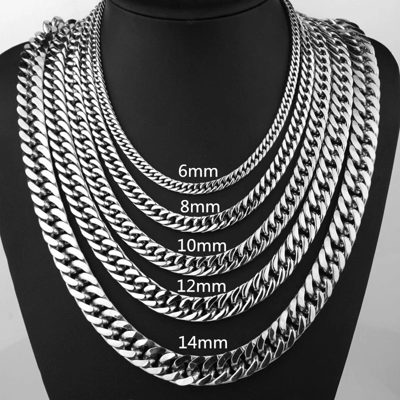 6/8/10/12/14/17/19mm Width Trendy Silver Color Men Women Hip Hop Jewelry Stainless Steel Curb Link Chain Necklace Jewelery Gift