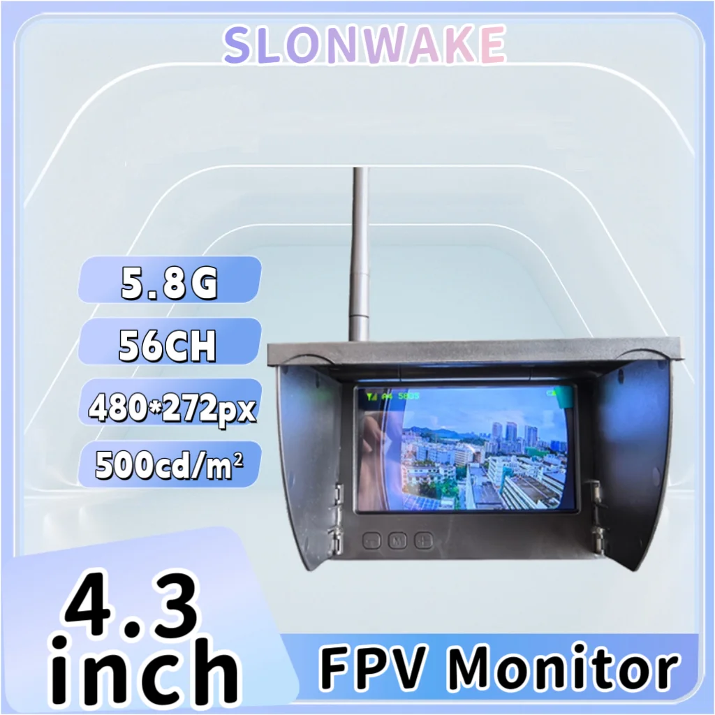 SLONWAKE 5.8G 56CH receiving Monitor FPV display 4.3 inch IPS high-definition-brightness snowflake screen, built-in battery.