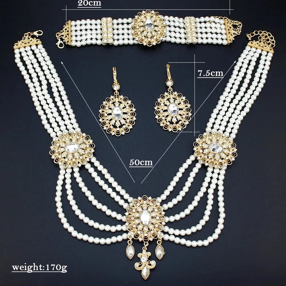 Sunspicems Pearl Morocco Bride Jewelry Sets For Women Gold Color Caftan Waist Chain Belt Bead Necklace Crystal Earrings Bracelet