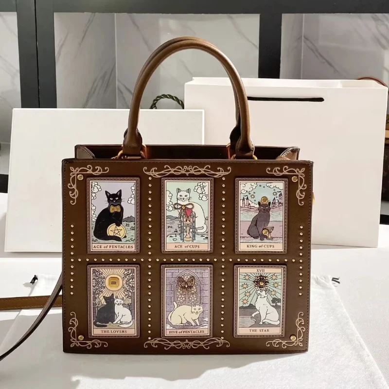 

Women'S Tarot Card Cat Print Handbag Bohemian Niche Style Top Handle Cross Square Luxury Pu Handbag Suitable For Daily Commuting