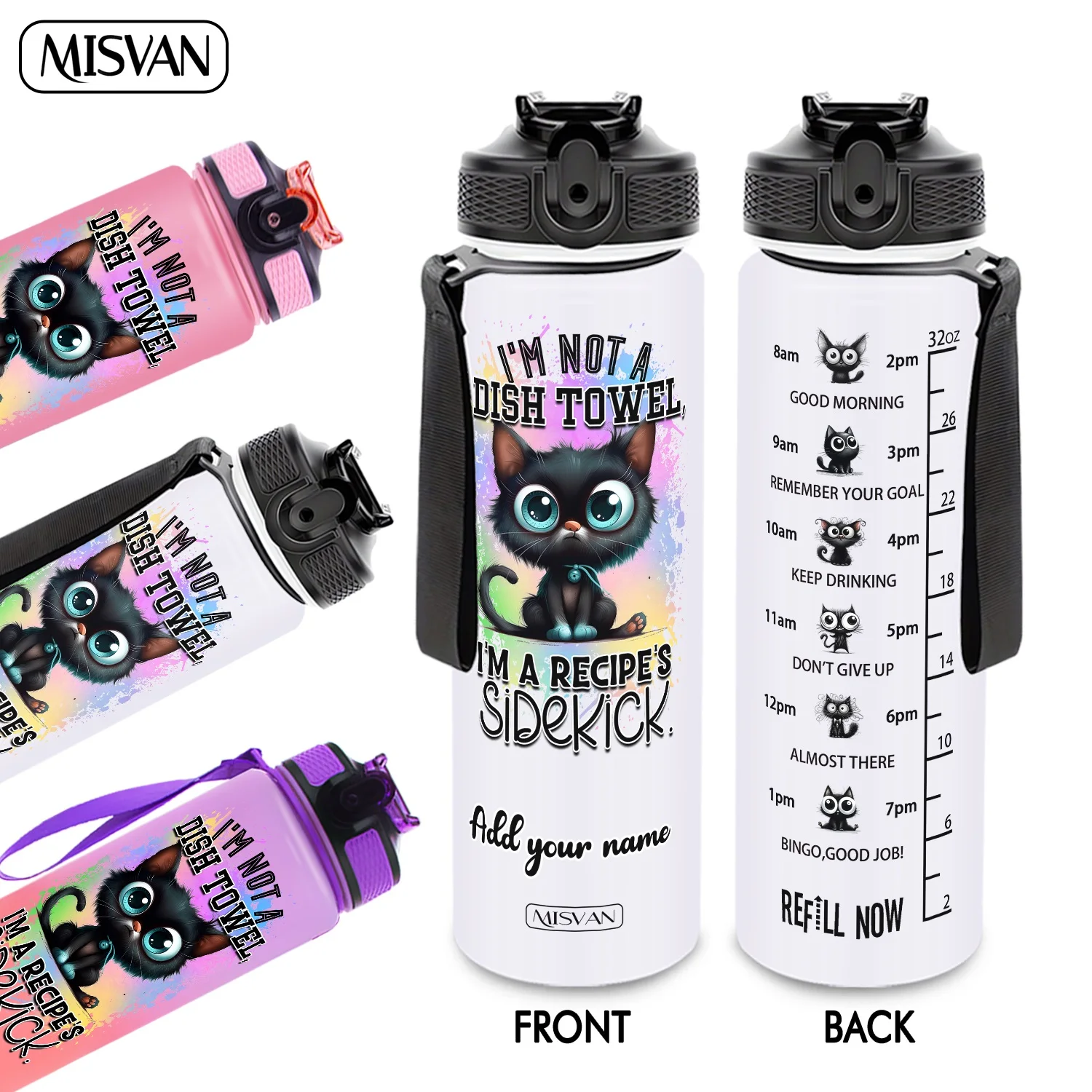 

1PC,Customization Name 32oz Water Bottle,Cute Black Cat Pattern Print,Encourage Daily Hydration,for Gym Outdoor Cycling