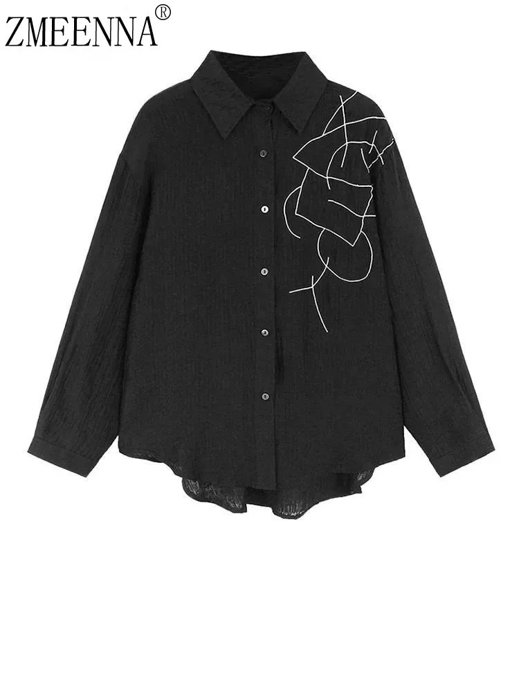 

ZMEENNA Women's Black Long Sleeve Button Down Shirt With Abstract White Print Casual Loose Fit Collared Stylish Unique ZM3292