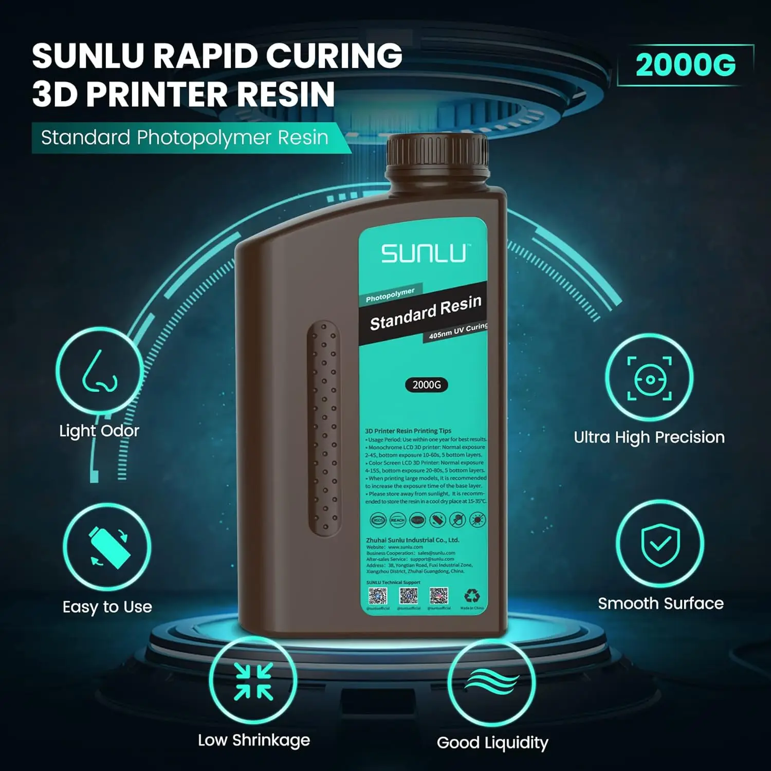 SUNLU 3D printer resin 2kg, fast UV resin 405 NM, water washable photopolymer 3D printing resin for 3D printer LCD/DLP/SLA 4k/8k resin, high precision, low shrinkage, Solid Black 2000g