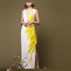 Customized  Evening Gown Prom Dress فستان حفلة موسيقية Saudi Arabia V Neck Yellow Flower Sleeveless فساتين سهره حفلات