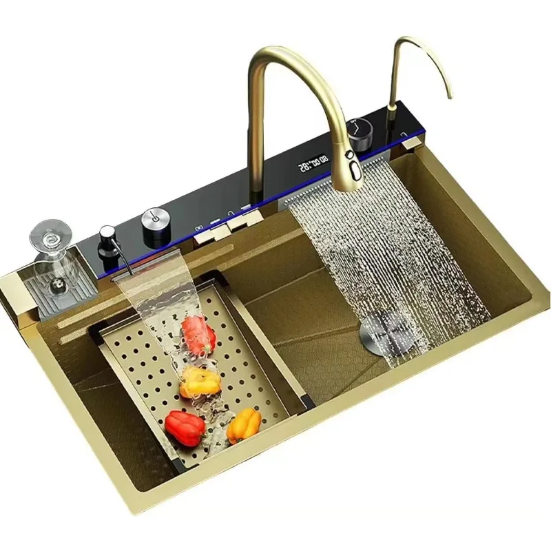 

Handmade Gold-plated Waterfall Faucet Multifunctional Stainless Steel Smart Kitchen Sink