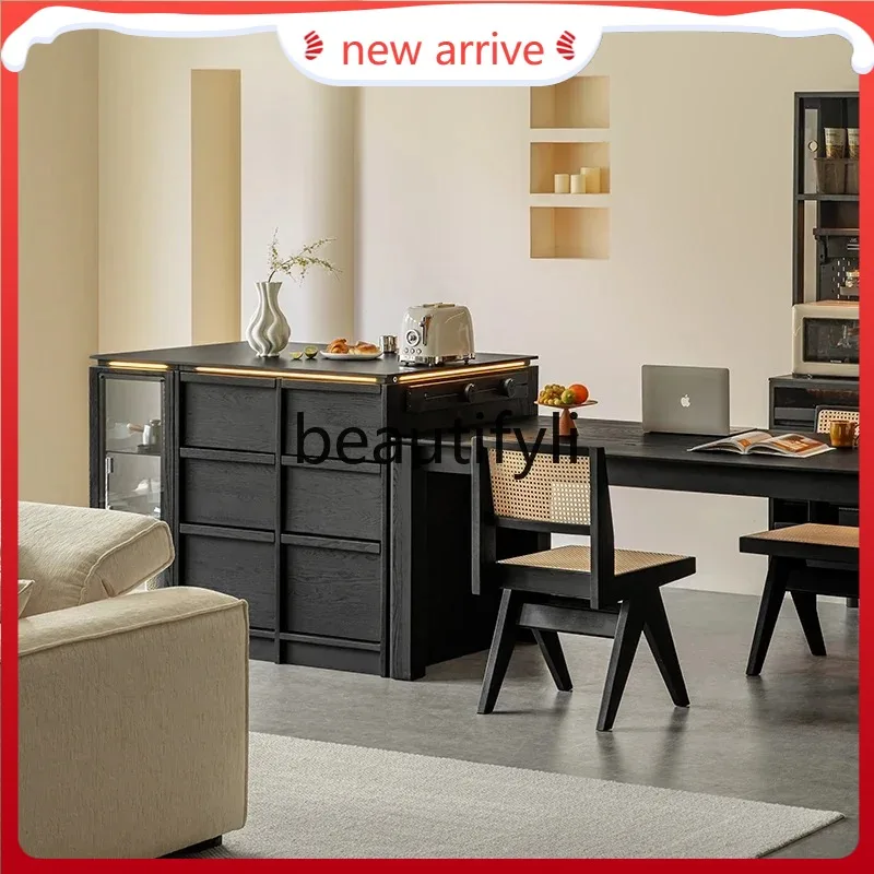 

D2520 Solid wood island independent black living room storage side cabinet wine cabinet ash wood rock slab bar counter