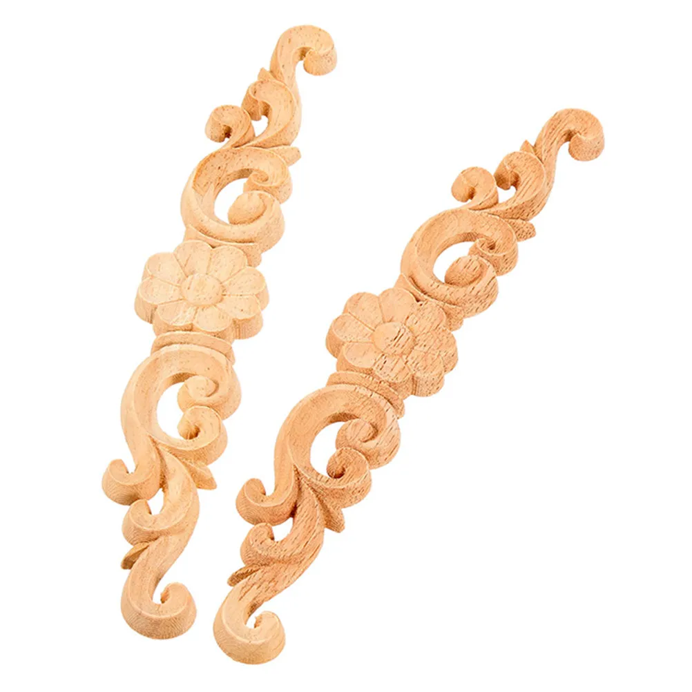 2Pcs Wood Carving Appliques Unpainted Decorative Wood Trims Carved Decals for Cabinet Door Furniture Overlays Wooden Onlay