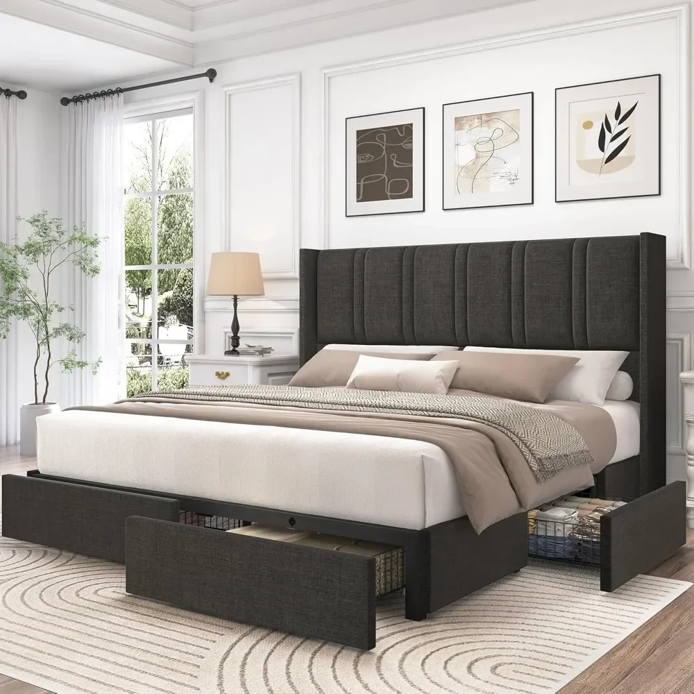 Wingback Headboard, Linen Upholstered Platform Bed Frame with Wooden Slats, Easy Assembly