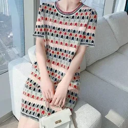 Vestido de manga corta con estampado de temperamento coreano para mujer, ropa elegante, moda femenina, cuello redondo, recto, verano 2023