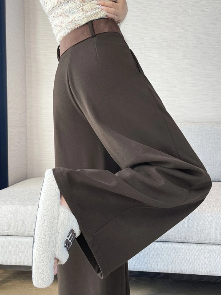 Fall Winter Woolen Wide-leg Suit Pants Women 2025 Fashion High-waisted Draping Straight-leg Casual Floor-length Thick Trouser