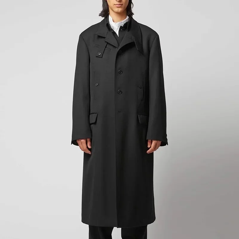 

YOJI OOAK original design dark men's single breasted wool trench coat with western collar coat top