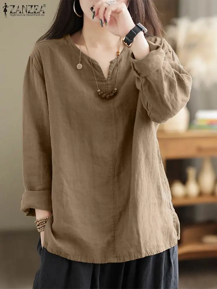 2023 ZANZEA Vintage Women Cotton Blouse Autumn V Neck Long Sleeve Tops Female Work Tunic Blusas Mujer  Retro Solid Loose Shirt