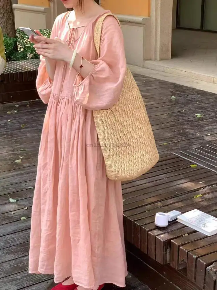 2026 Spring Plus Size Women's Pink Ramie V-neck Tie Loose Long Sleeve Maxi Dress, Chinese Style
