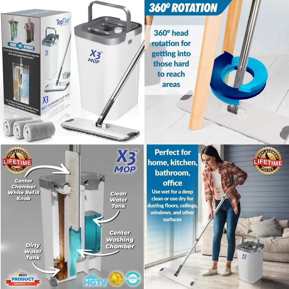

3-Chamber Mop System for Efficient Home Cleaning - Separates Dirty and Clean Water, Flat Mop and Bucket, Hands-Free Floor Cleani
